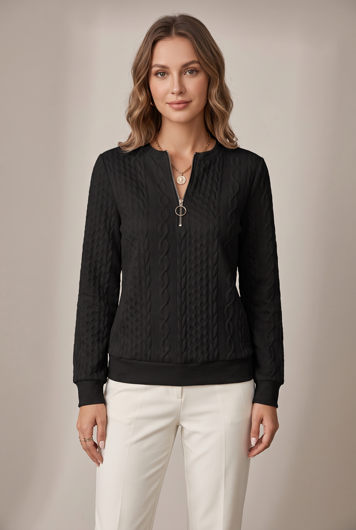 Linda Women's Warm Quarter-Zip Cable Sweater in Black, on model
