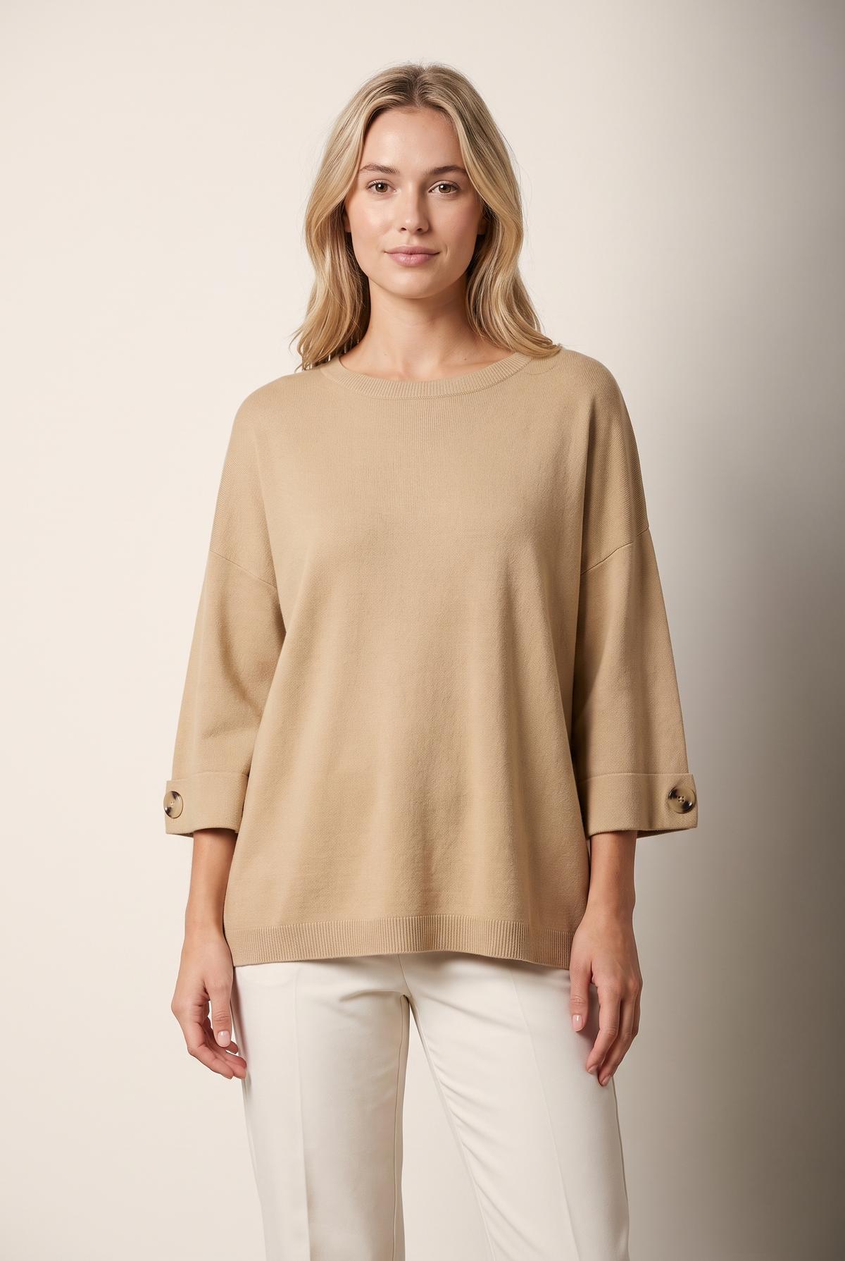 Sonora Women's Crew Neck Loose Straight Fit Wide Three-Quarter Sleeve Sweater in Beige, on model