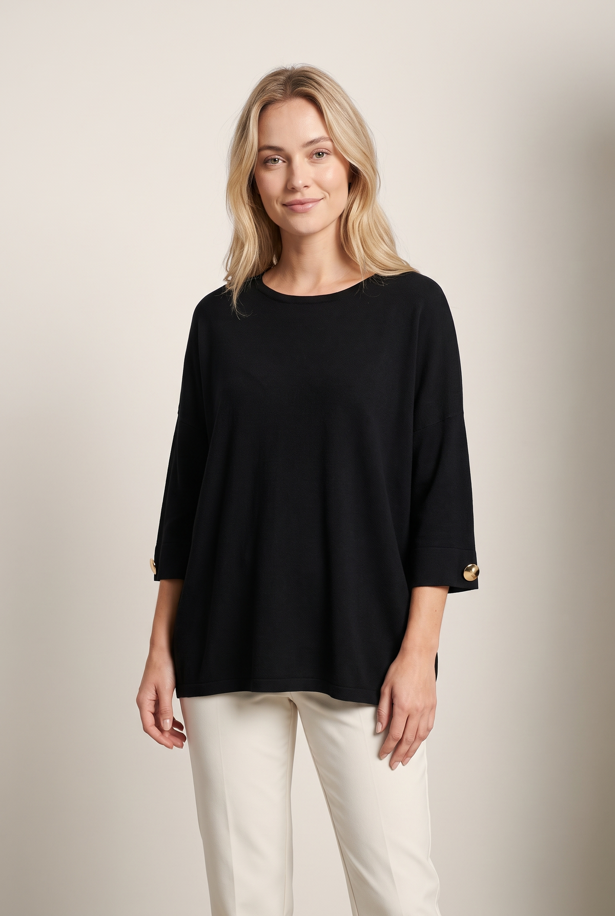 Sonora Women's Crew Neck Loose Straight Fit Wide Three-Quarter Sleeve Sweater in Black, on model