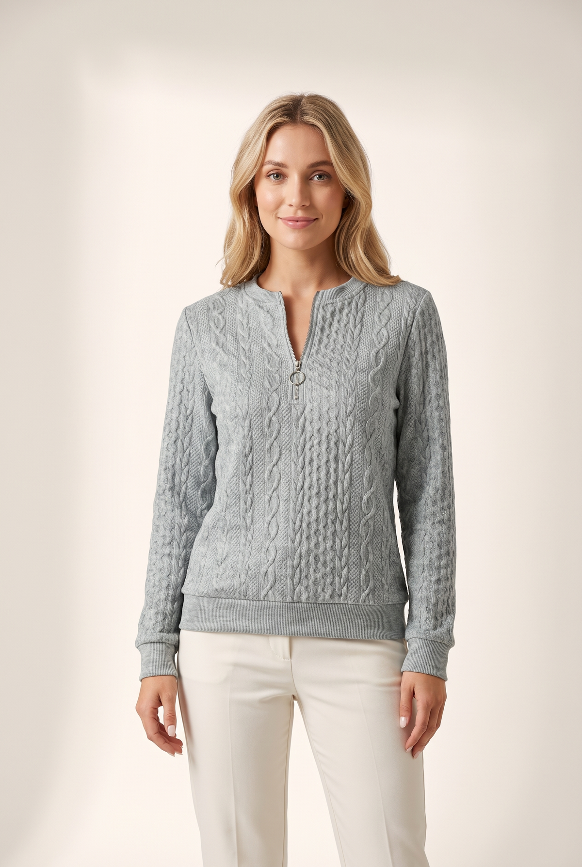 Linda Women's Warm Quarter-Zip Cable Sweater in Gray, on model