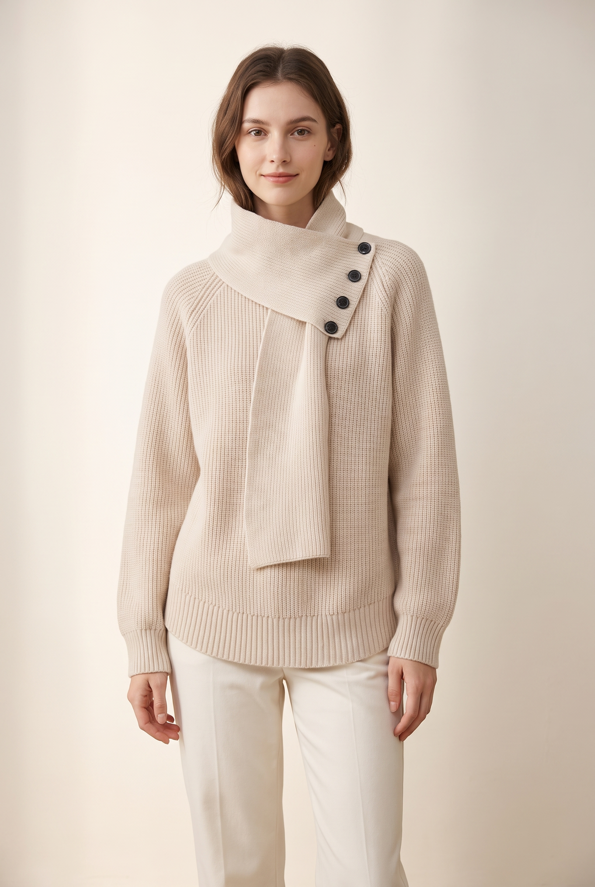 Josephine Women's Asymmetric High Neck Button Details Ribbed Knit Sweater in Beige, on model