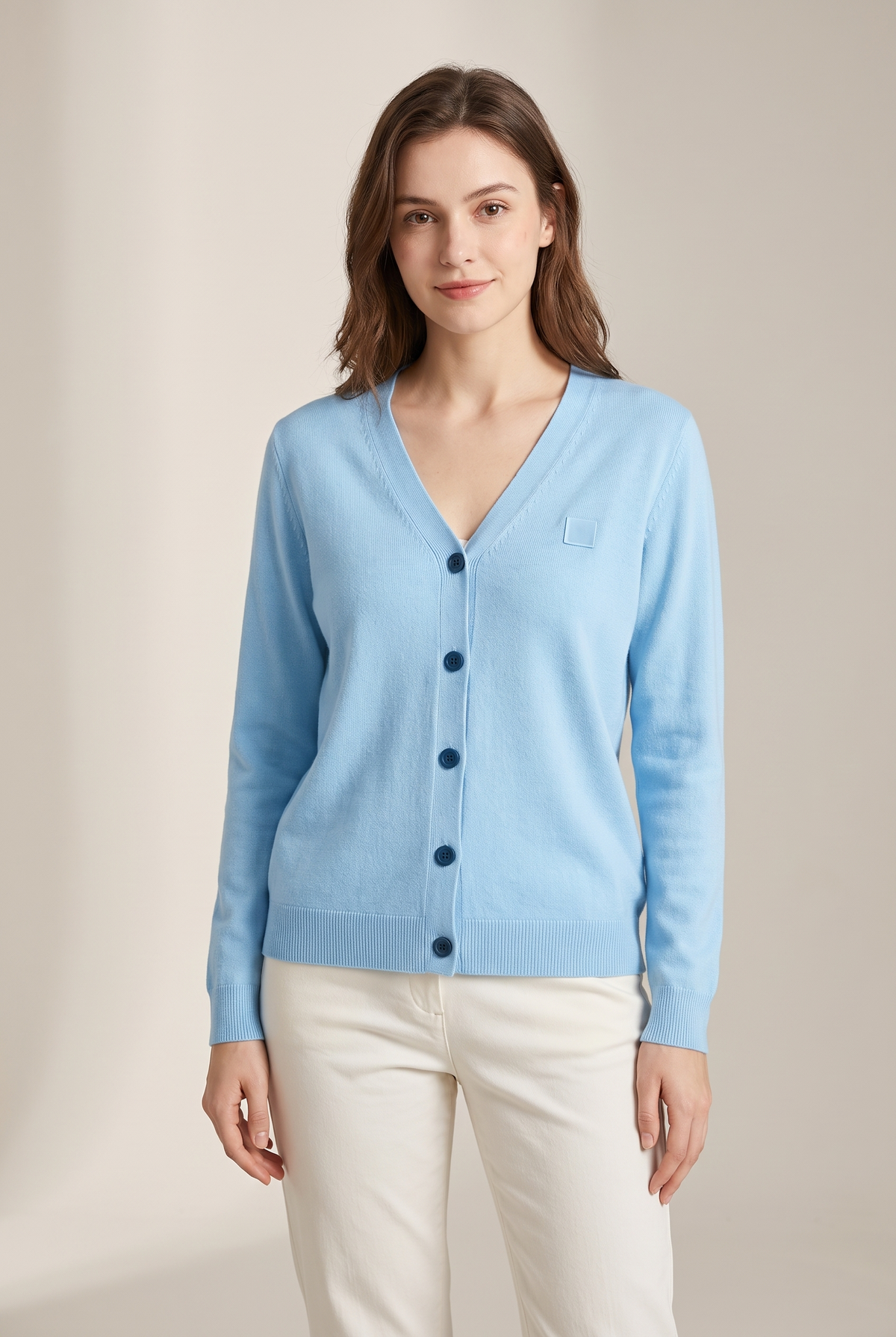 Melanie Women's Button-Front V-Neckline Stretch-Knit Comfort Cardigan in Blue, on model