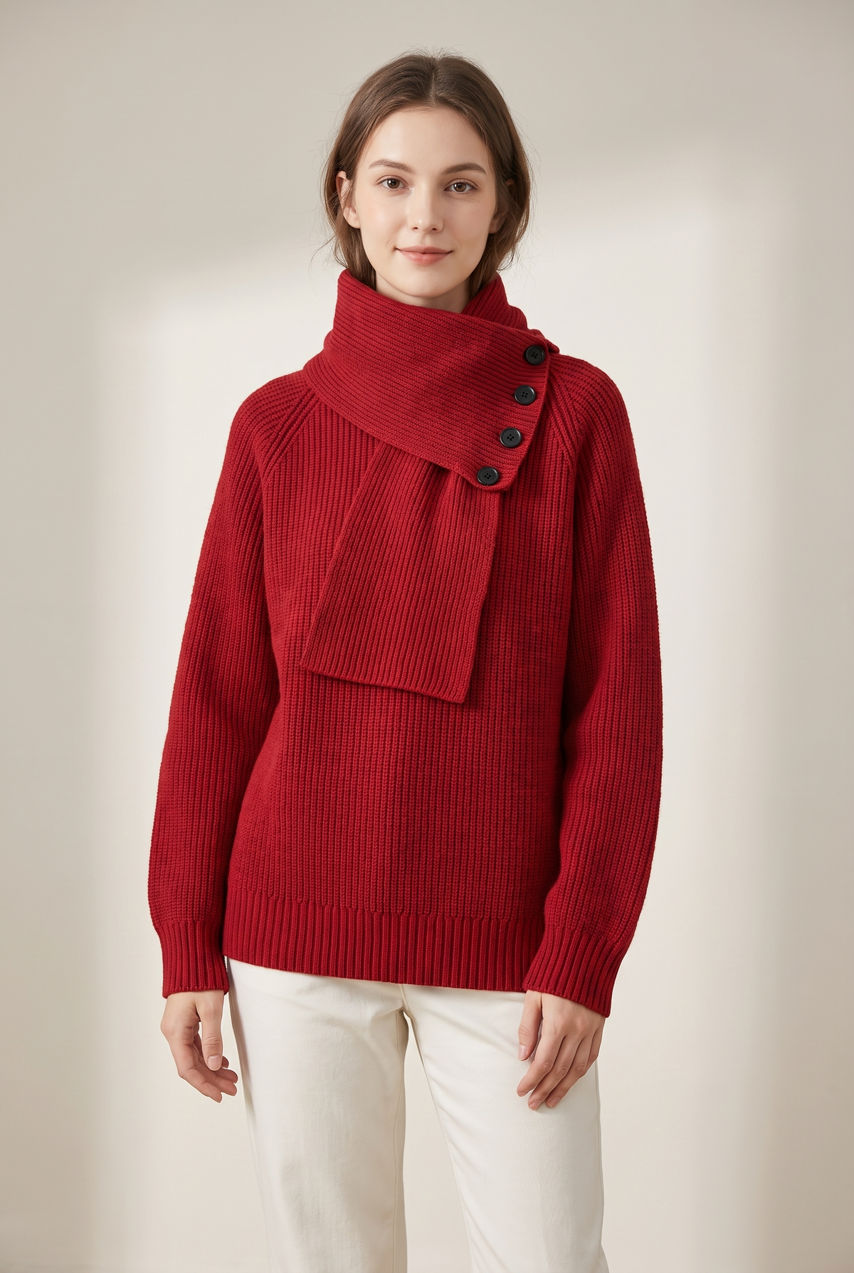 Josephine Women's Asymmetric High Neck Button Details Ribbed Knit Sweater in Red, on model