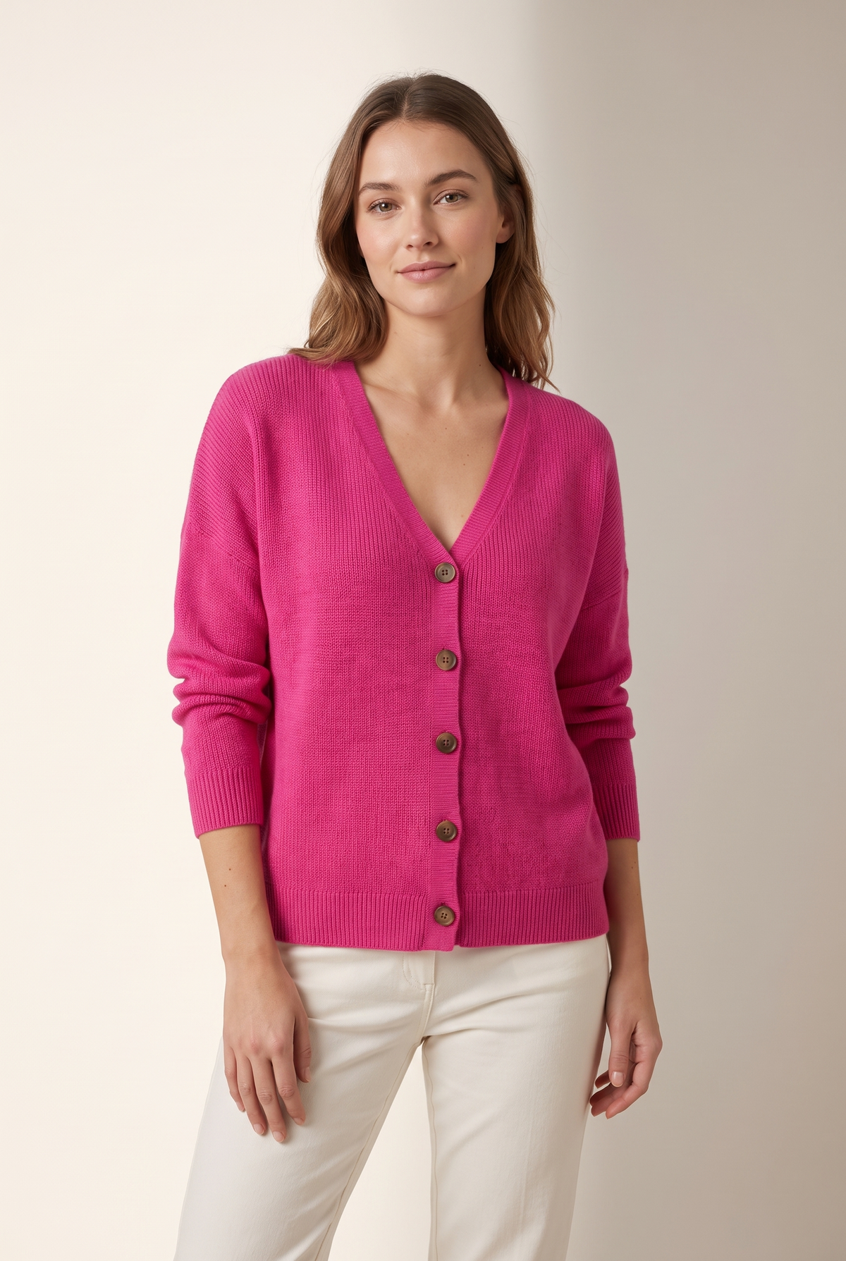 Melanie Women's Button-Front V-Neckline Stretch-Knit Comfort Cardigan in Rose Red, on model