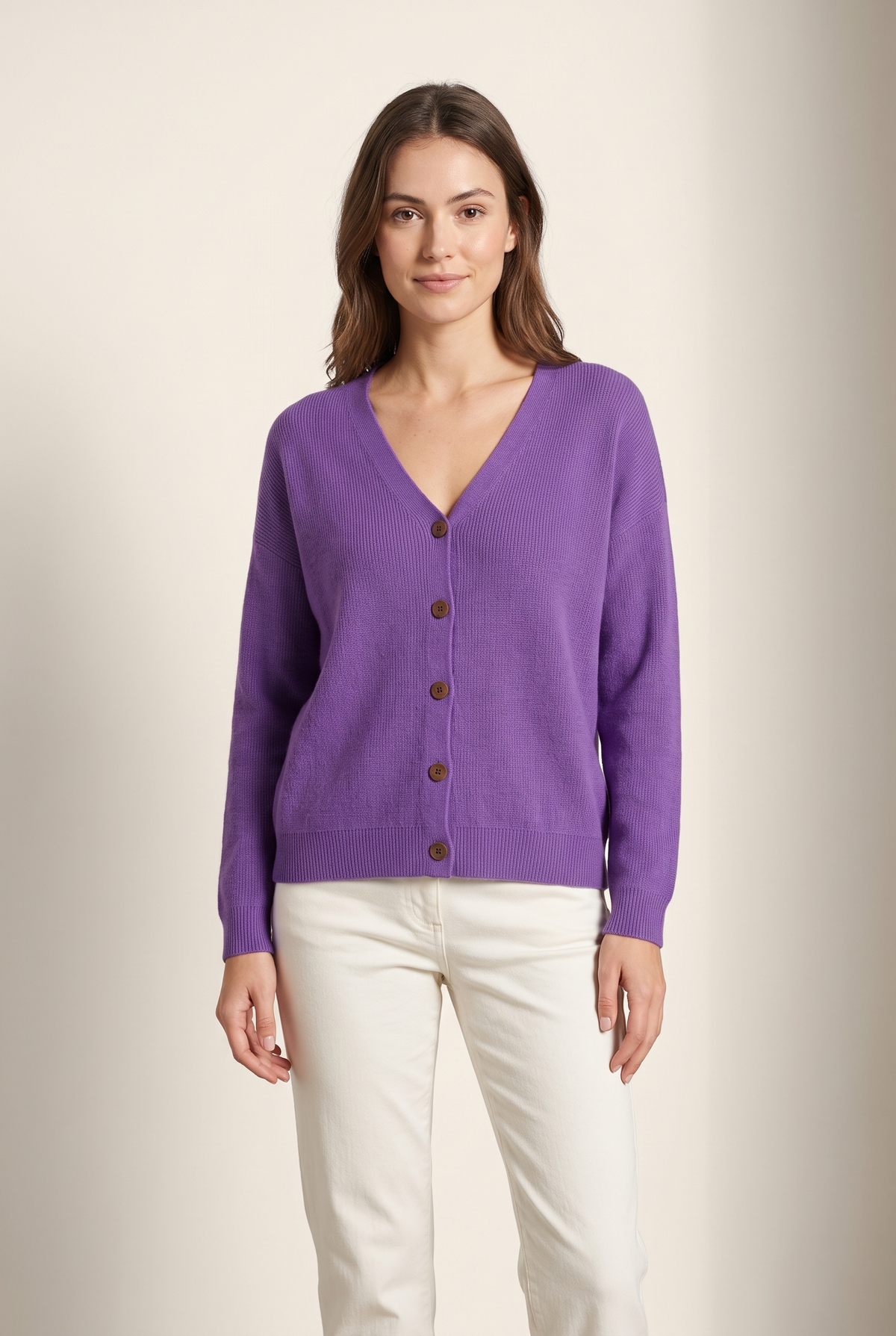 Melanie Women's Button-Front V-Neckline Stretch-Knit Comfort Cardigan in Purple, on model