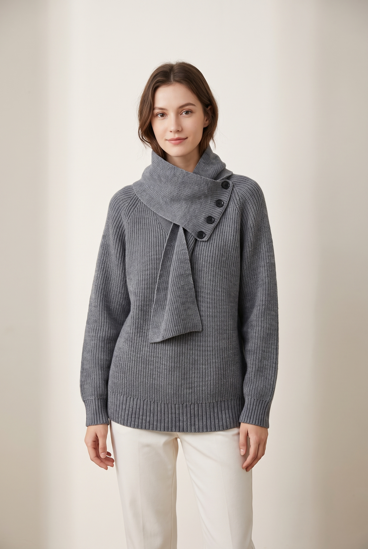 Josephine Women's Asymmetric High Neck Button Details Ribbed Knit Sweater in Gray, on model
