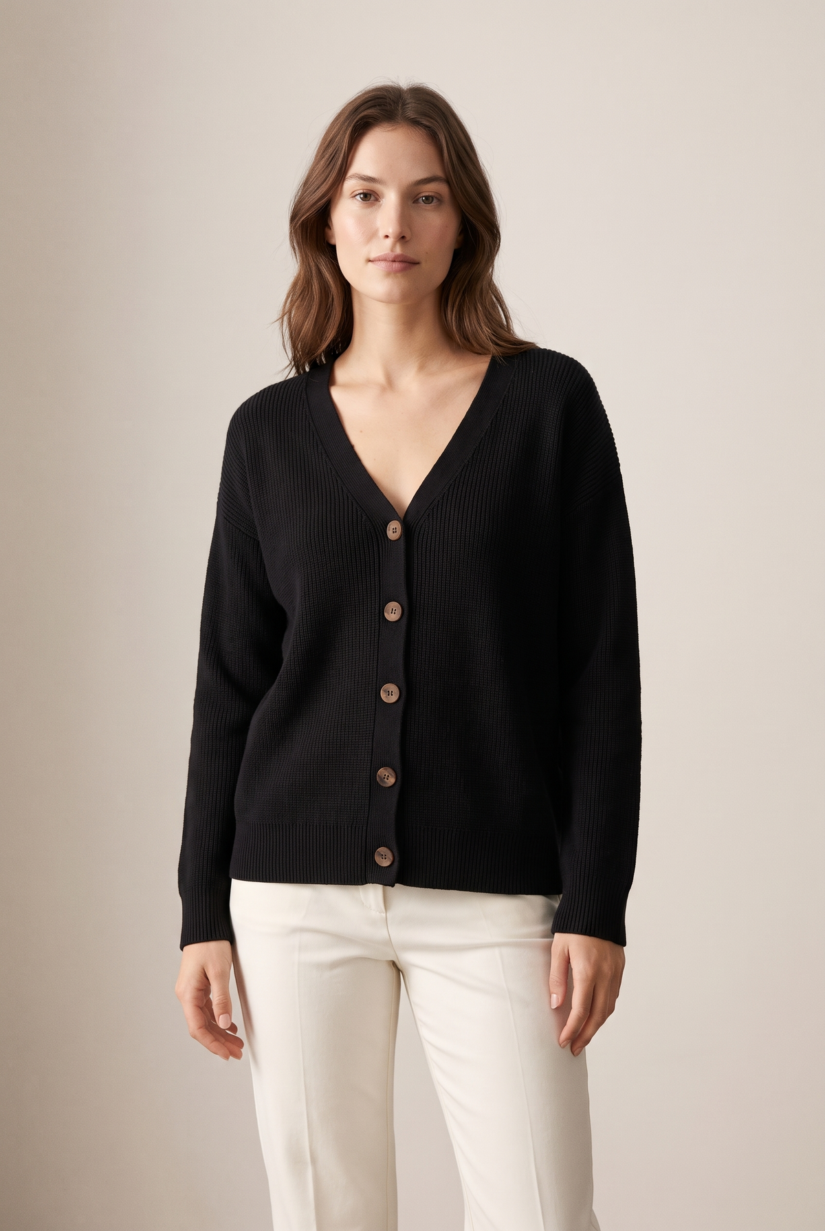 Melanie Women's Button-Front V-Neckline Stretch-Knit Comfort Cardigan in Black, on model