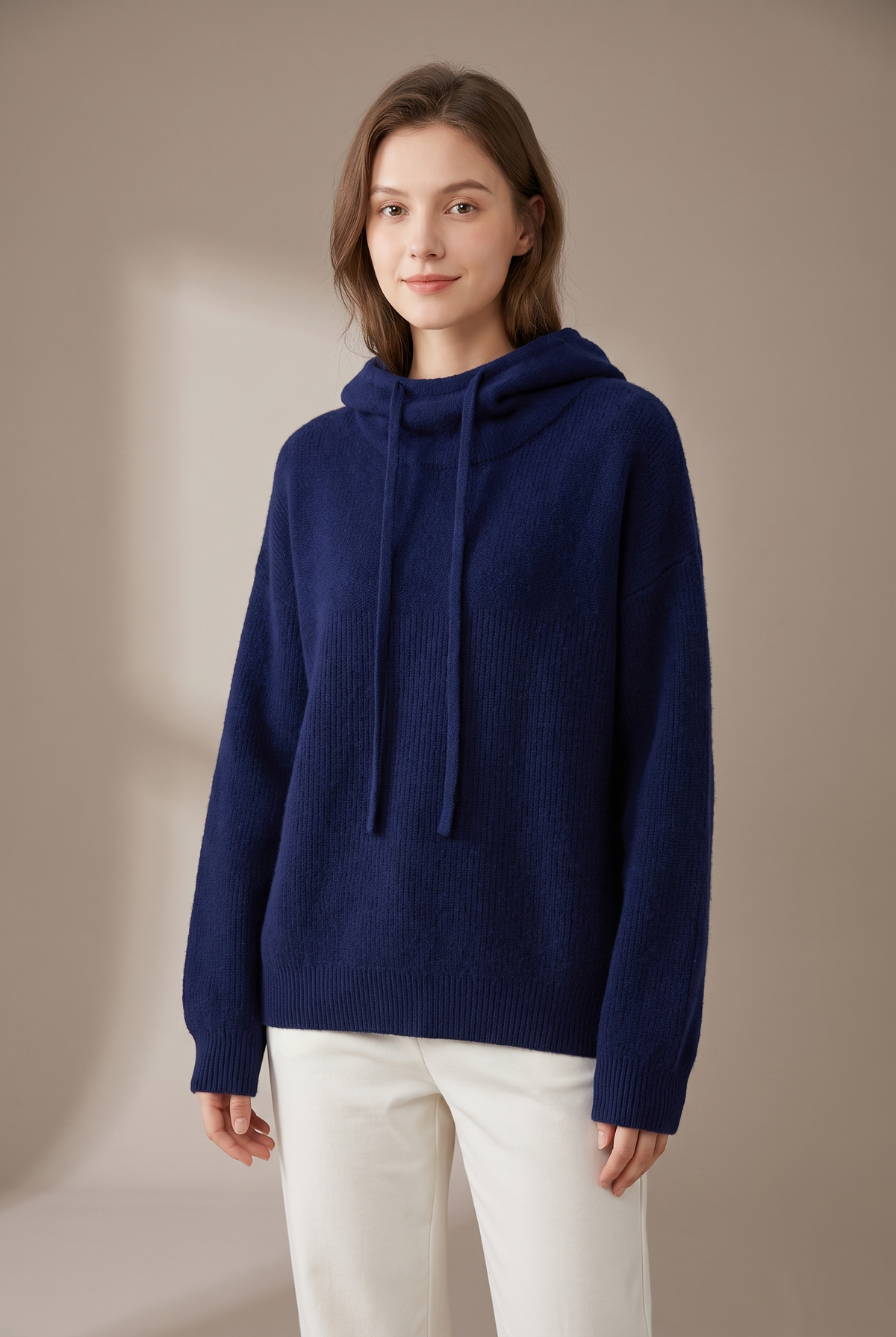 Holly Women's Turtleneck Oversized Relaxed Fit Ribbed Cuffs Hem Sweater in Blue, on model