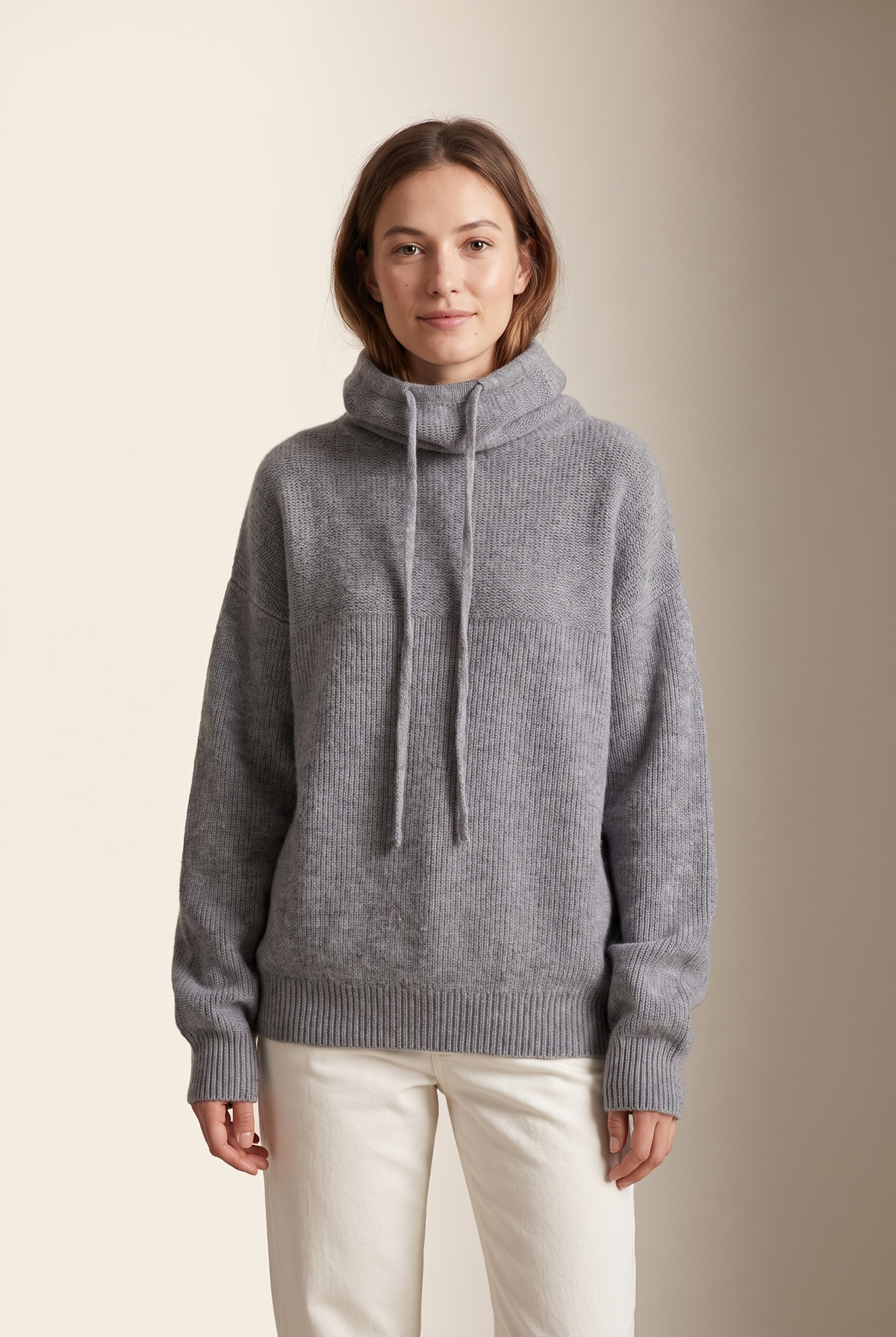 Holly Women's Turtleneck Oversized Relaxed Fit Ribbed Cuffs Hem Sweater in Gray, on model