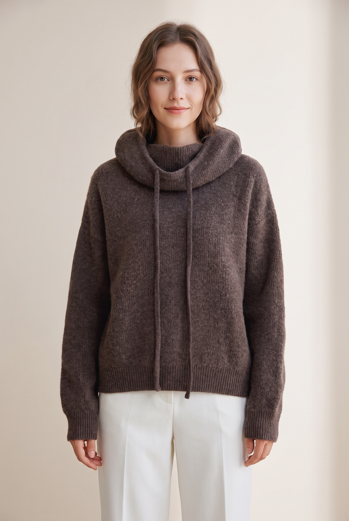 Holly Women's Turtleneck Oversized Relaxed Fit Ribbed Cuffs Hem Sweater in Brown, on model