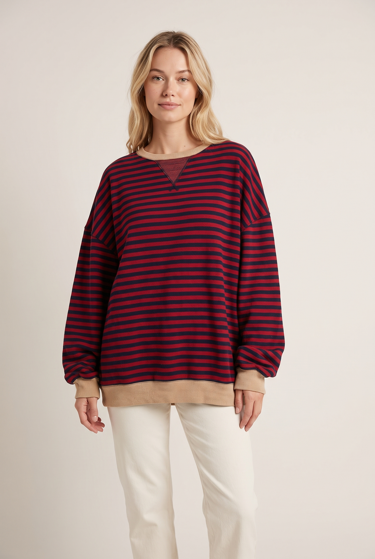 Women's Striped Oversized Fit Sweater in Black & Red, on model
