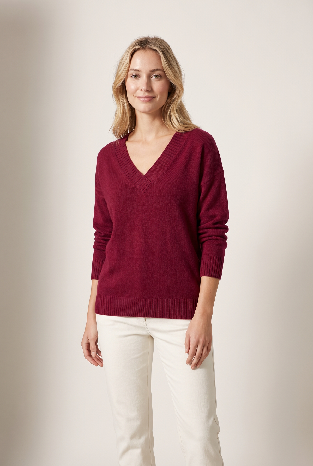 Women's Soft-Knit V-Neckline Ribbed Cuff Detail Sweater in Red, on model
