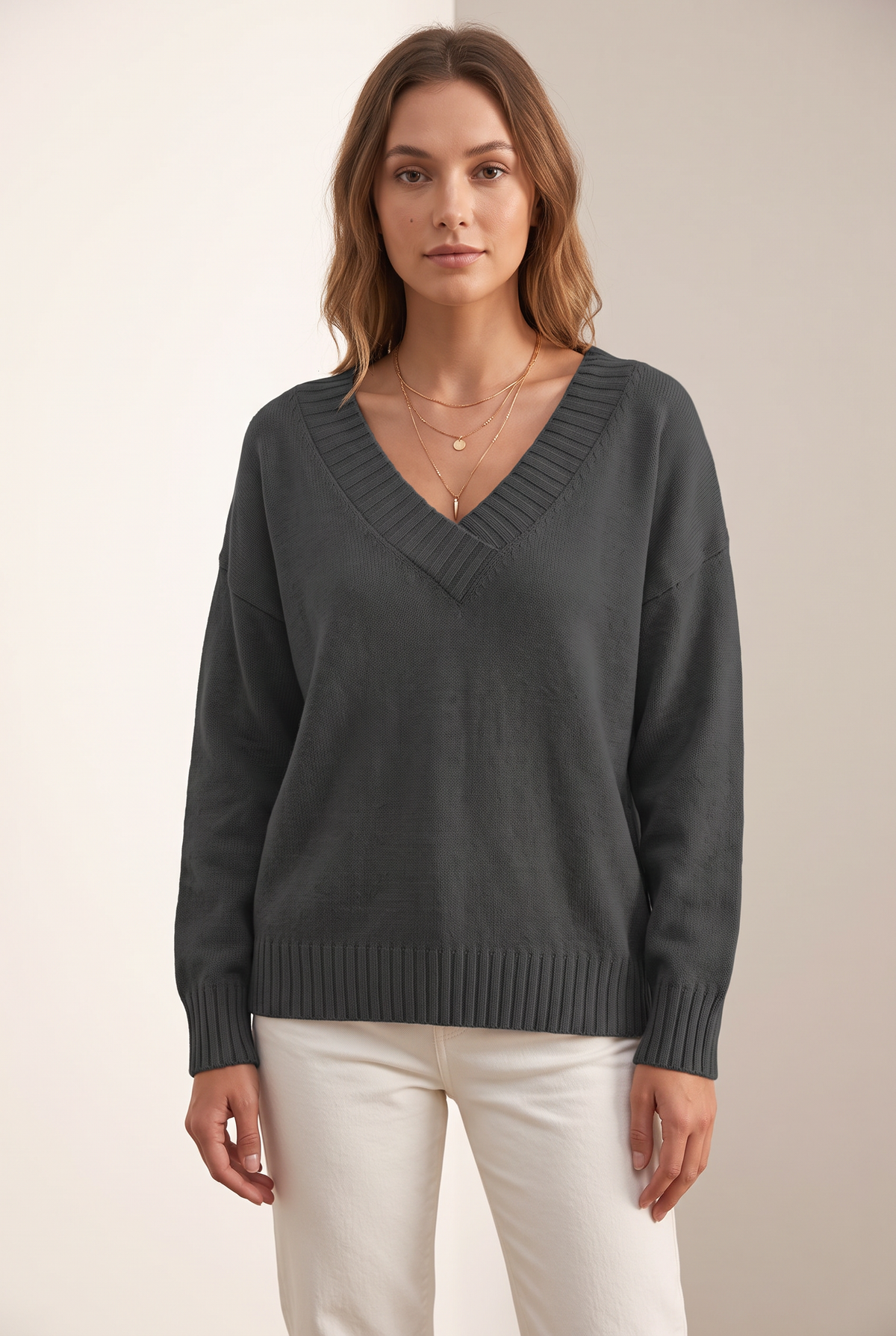 Women's Soft-Knit V-Neckline Ribbed Cuff Detail Sweater in Dark Gray, on model