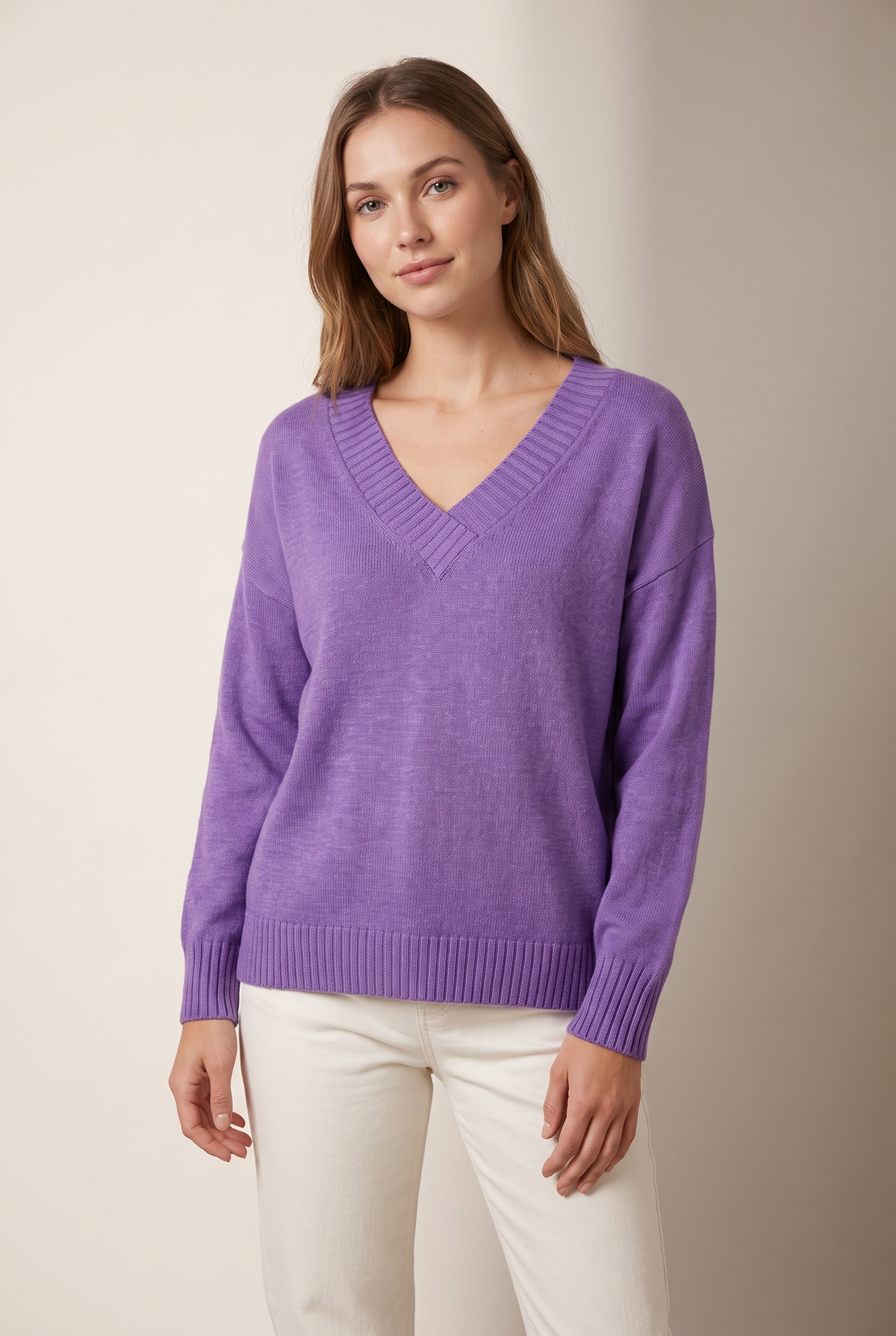 Women's Soft-Knit V-Neckline Ribbed Cuff Detail Sweater in Purple, on model