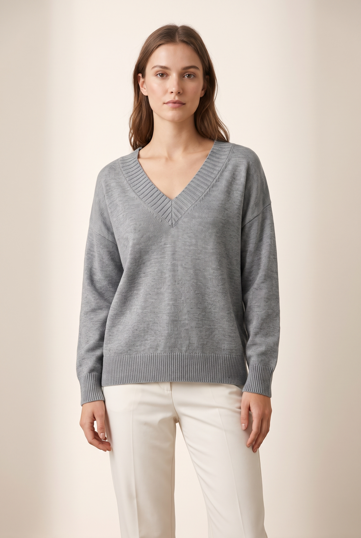 Women's Soft-Knit V-Neckline Ribbed Cuff Detail Sweater in Gray, on model