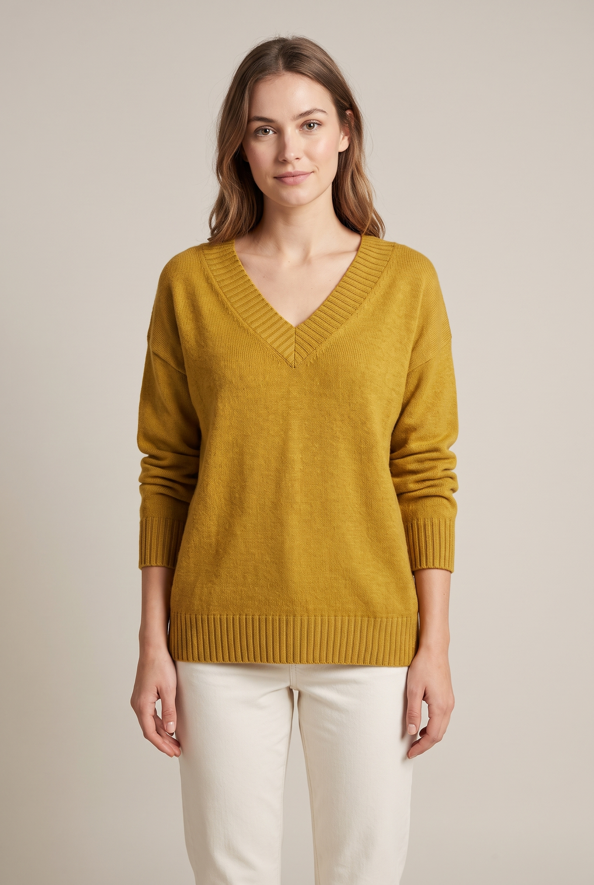 Women's Soft-Knit V-Neckline Ribbed Cuff Detail Sweater in Gold, on model