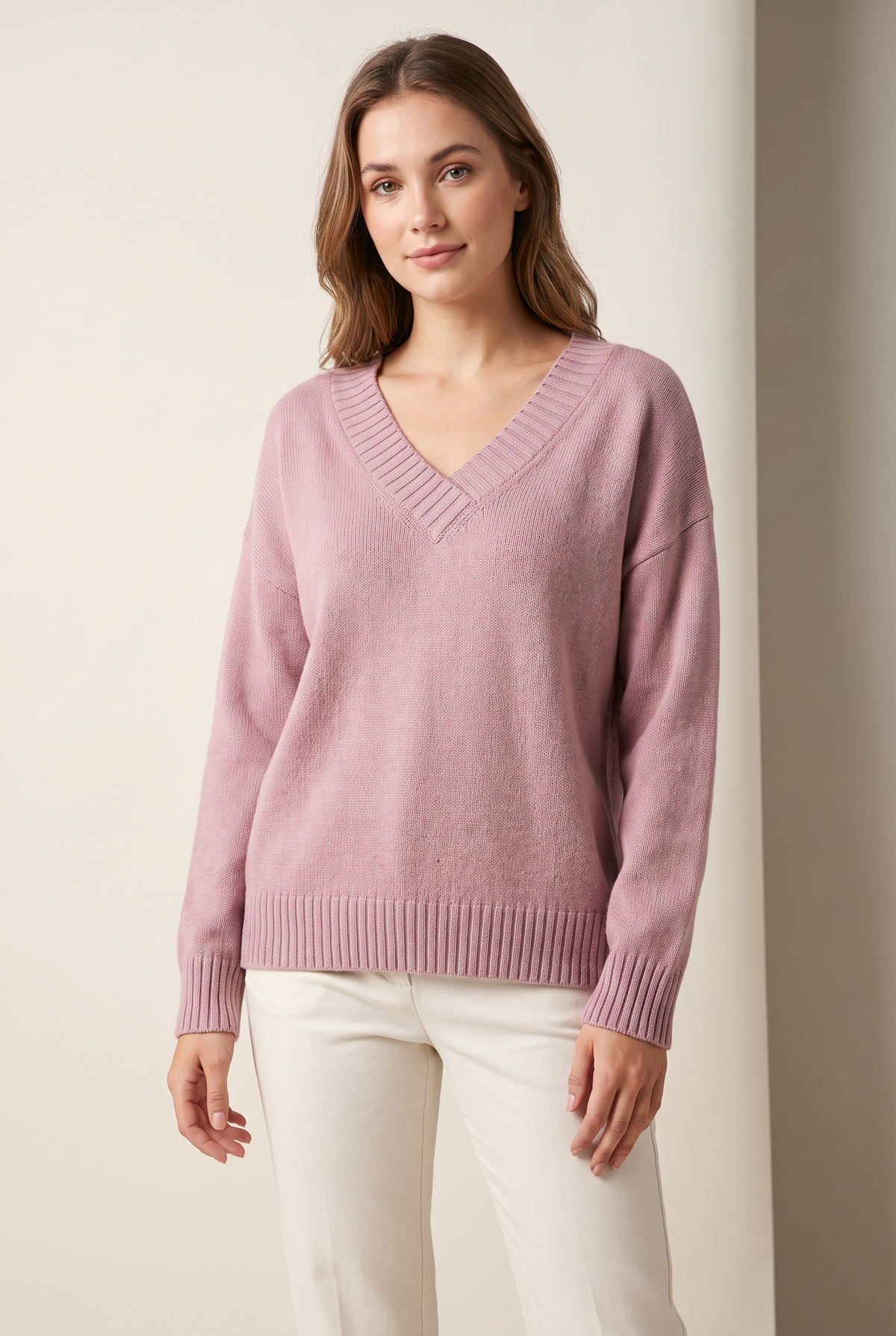 Women's Soft-Knit V-Neckline Ribbed Cuff Detail Sweater in Pink, on model
