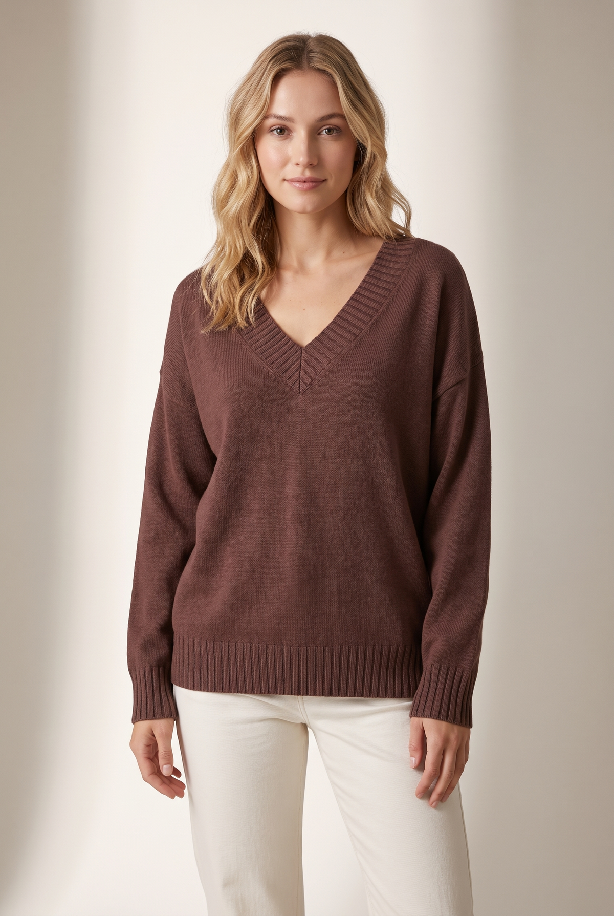 Women's Soft-Knit V-Neckline Ribbed Cuff Detail Sweater in Auburn, on model