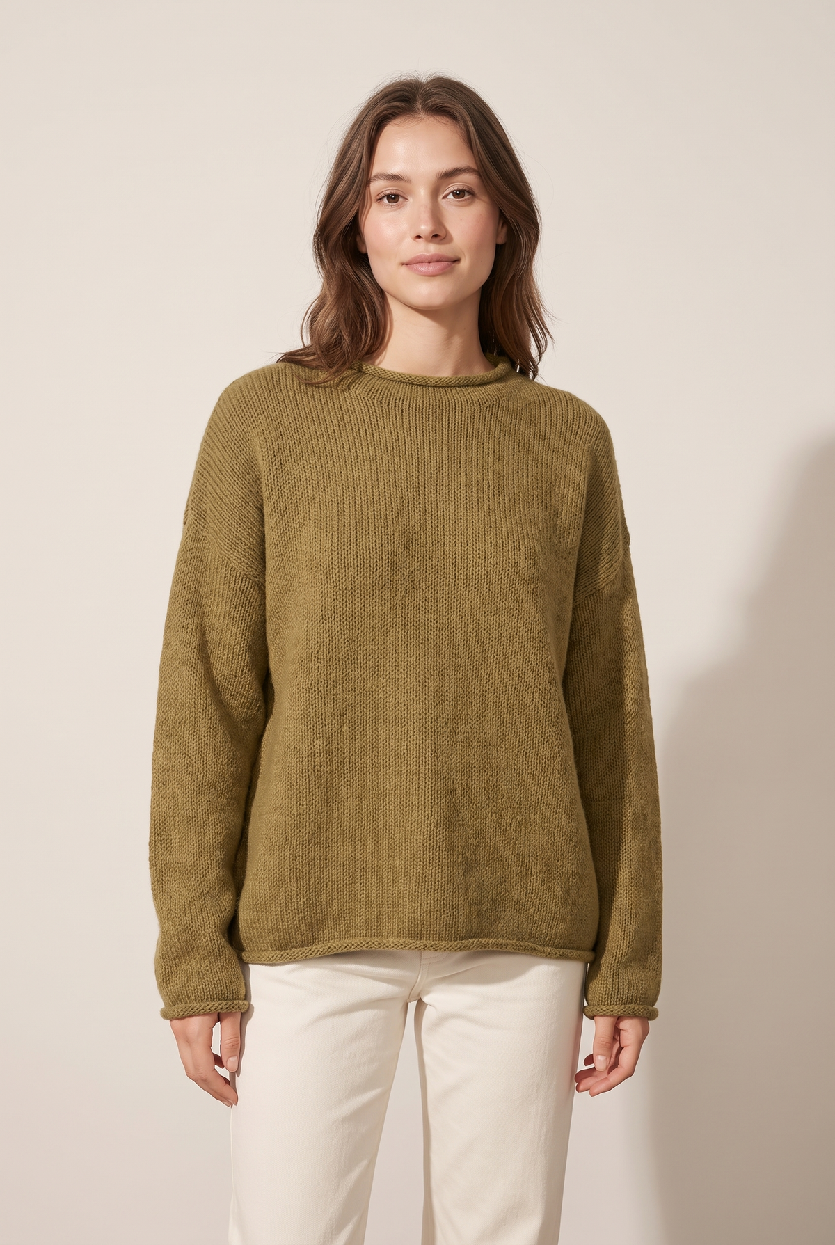 Women's Oversized Knit Cozy Feel Layering Piece Sweater in Khaki, on model