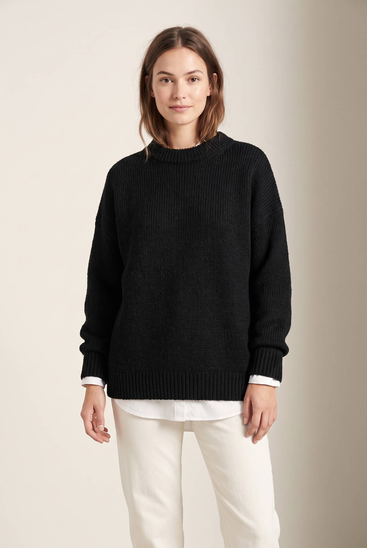 Women's Oversized Knit Cozy Feel Layering Piece Sweater in Black, on model