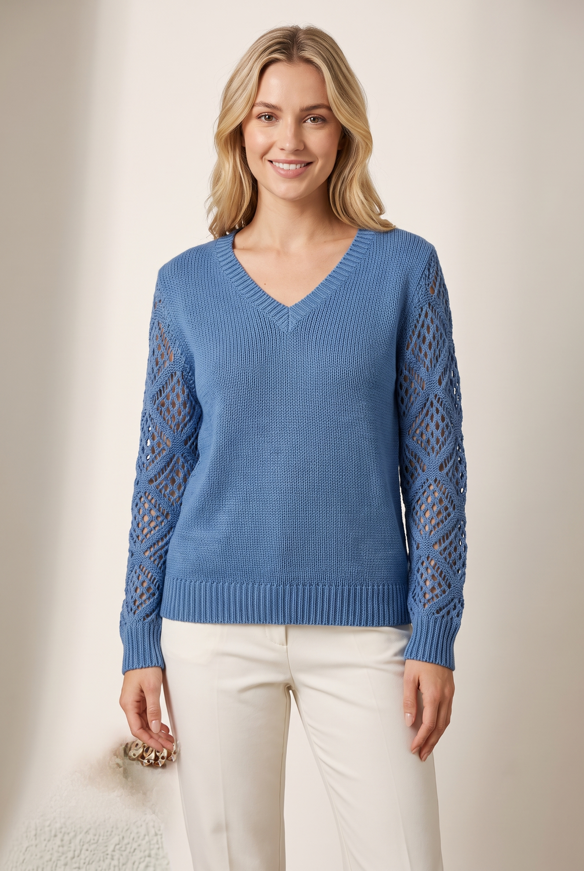 Women's V-Neck Open-Weave Sleeves V-Neckline Sweater in Blue, on model