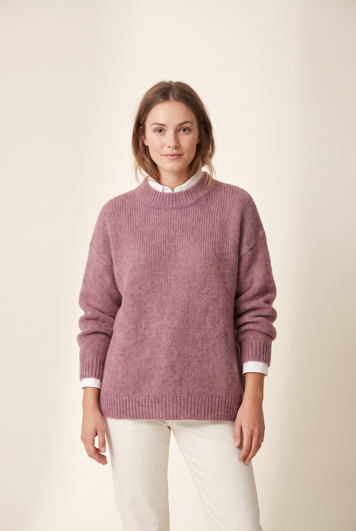 Women's Oversized Knit Cozy Feel Layering Piece Sweater in Pink, on model