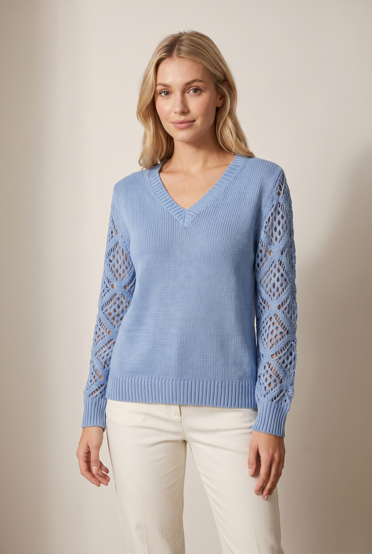 Women's V-Neck Open-Weave Sleeves V-Neckline Sweater in Light Blue, on model