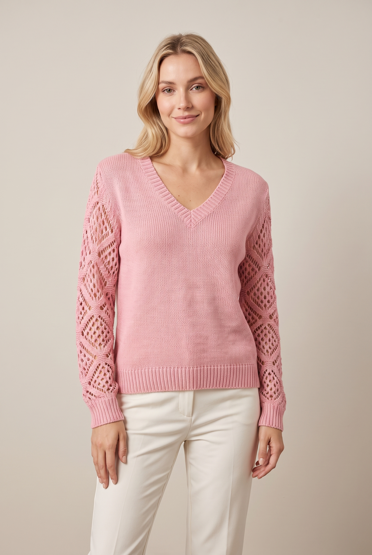 Women's V-Neck Open-Weave Sleeves V-Neckline Sweater in Pink, on model