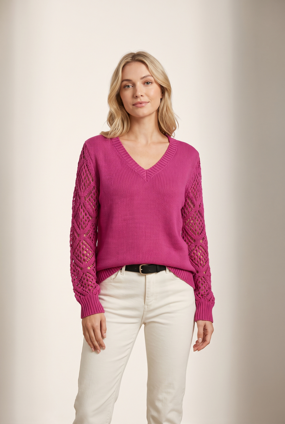 Women's V-Neck Open-Weave Sleeves V-Neckline Sweater in Purple, on model