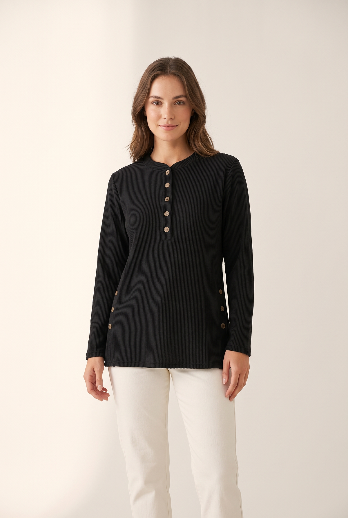 Josephine Women's Crew Neck Button Details Ribbed Knit Texture Sweater in Black, on model