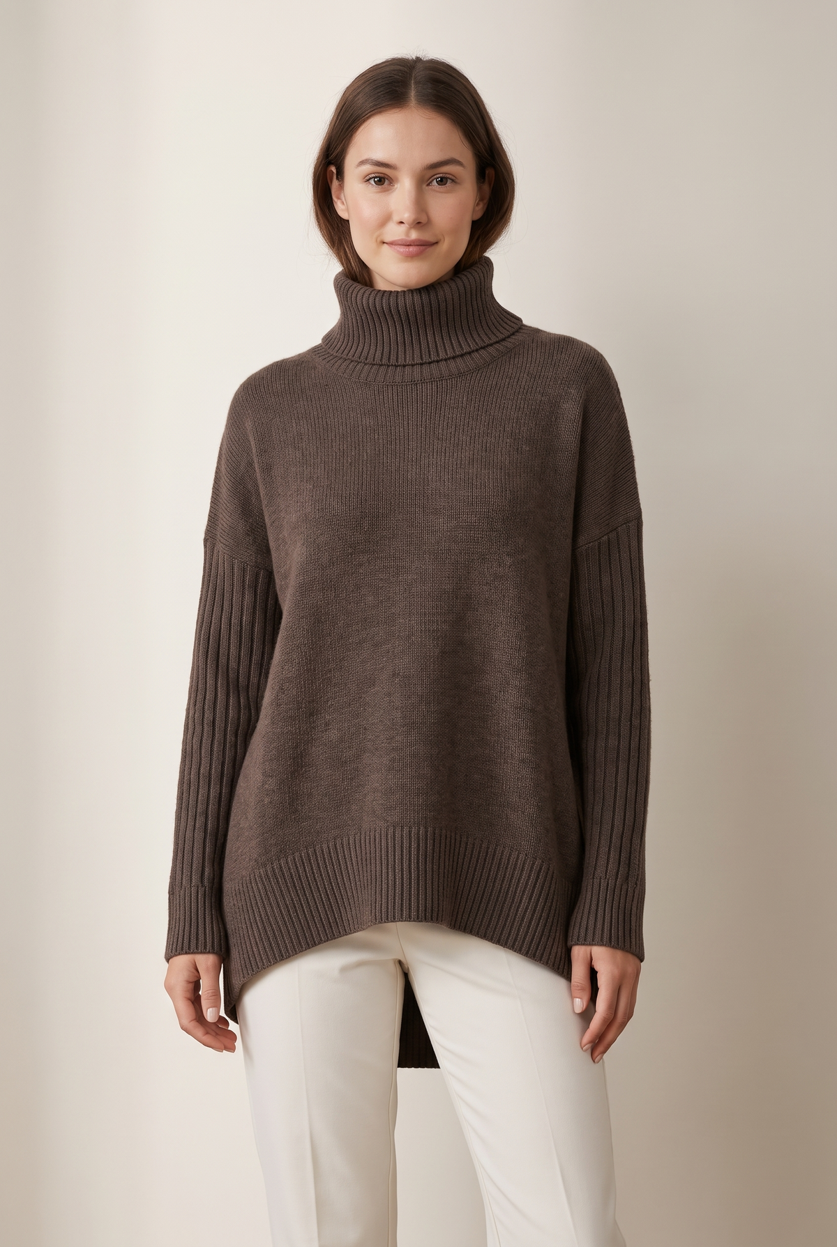 Women's Oversized Ribbed Turtleneck High-Low Hem Sweater in Espresso Brown, on model