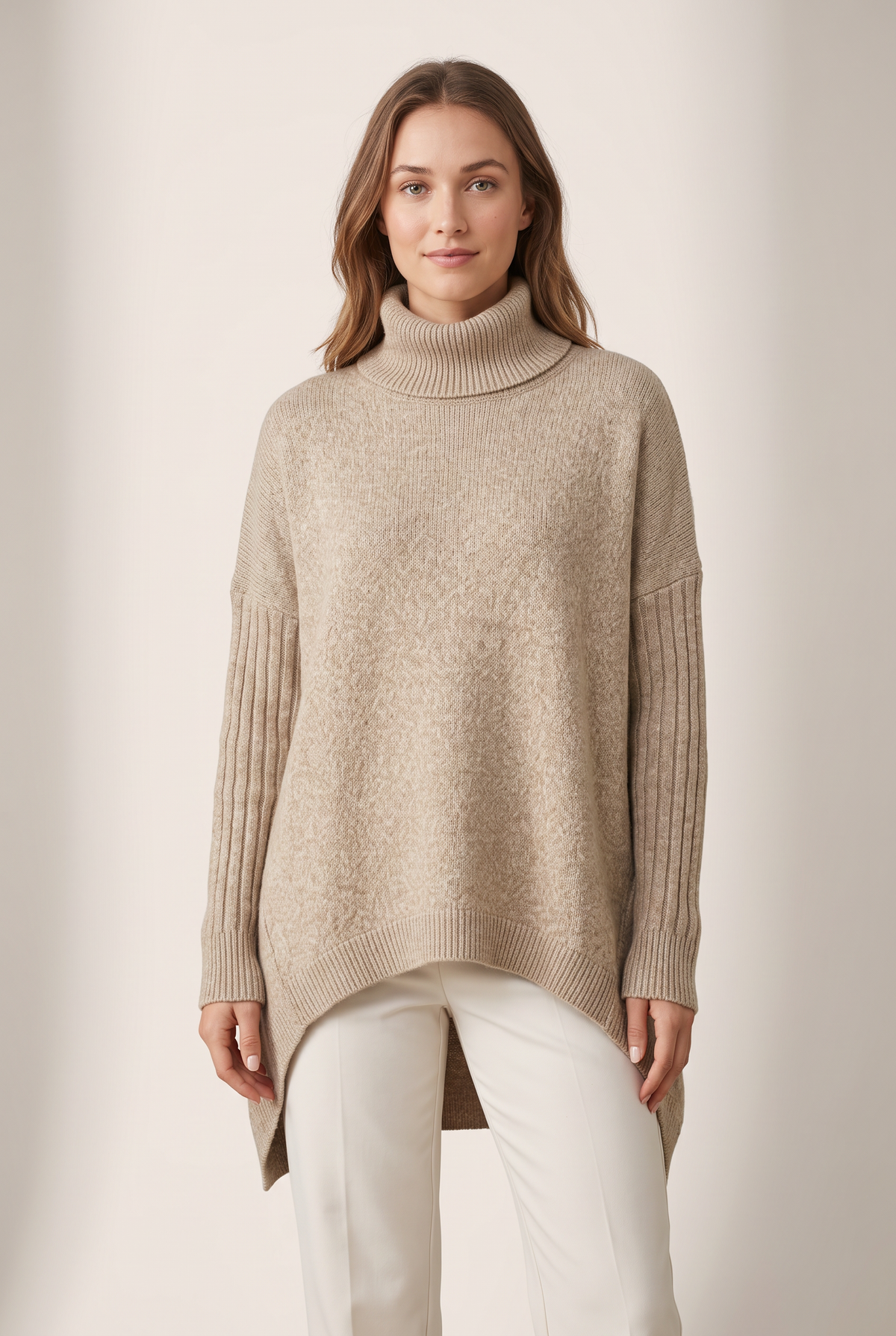 Women's Oversized Ribbed Turtleneck High-Low Hem Sweater in Desert Khaki, on model
