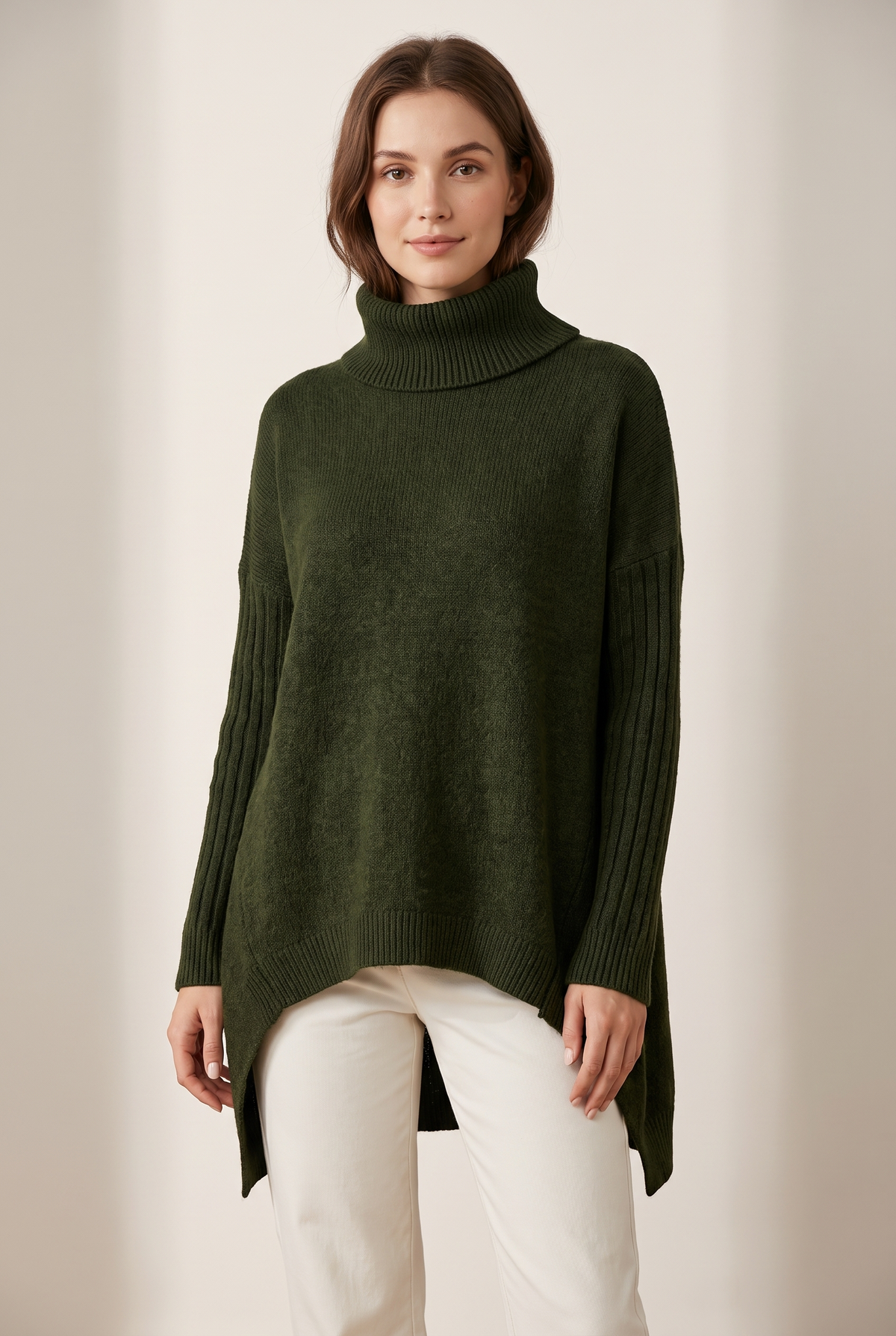 Women's Oversized Ribbed Turtleneck High-Low Hem Sweater in Pine Green, on model