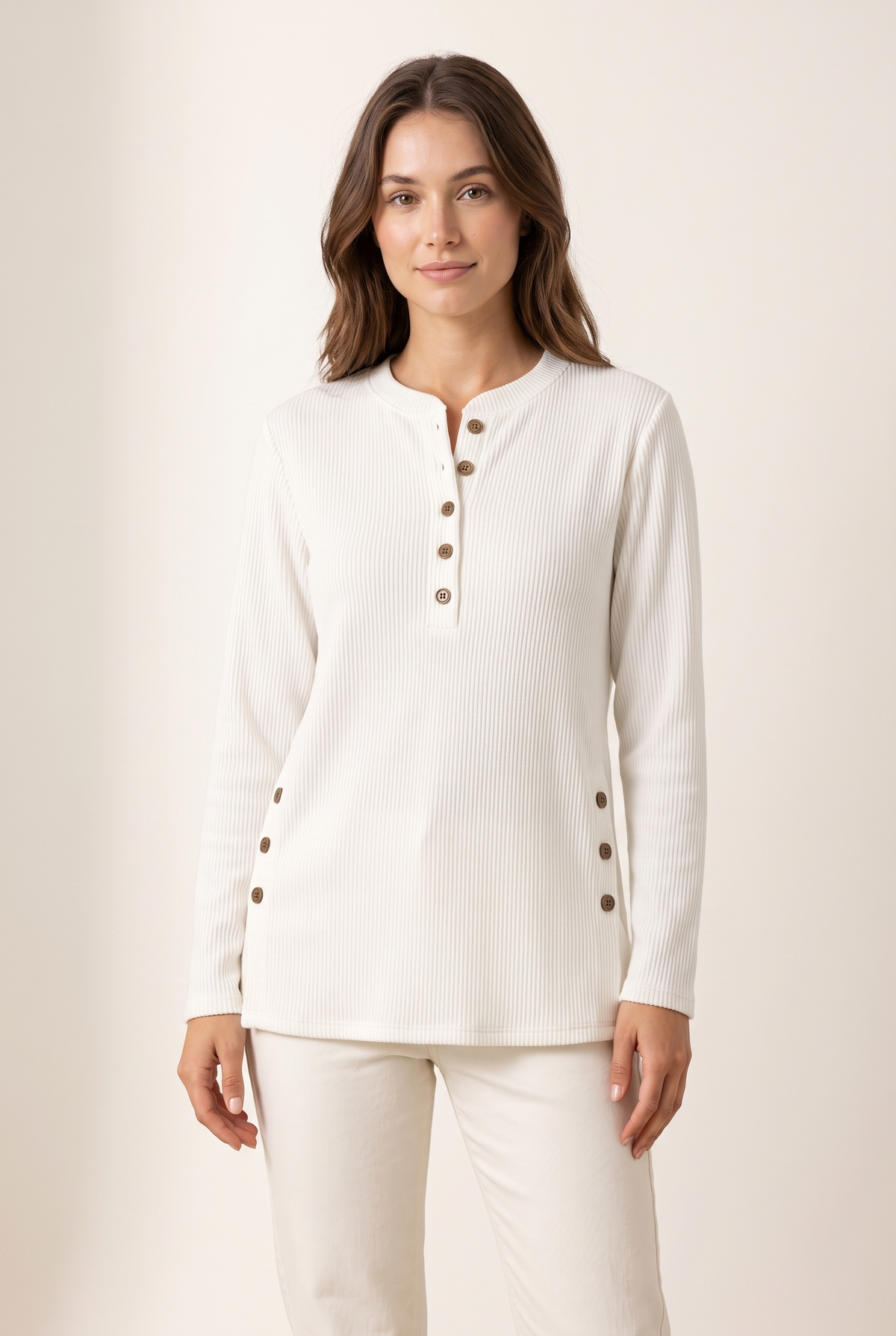 Josephine Women's Crew Neck Button Details Ribbed Knit Texture Sweater in White, on model