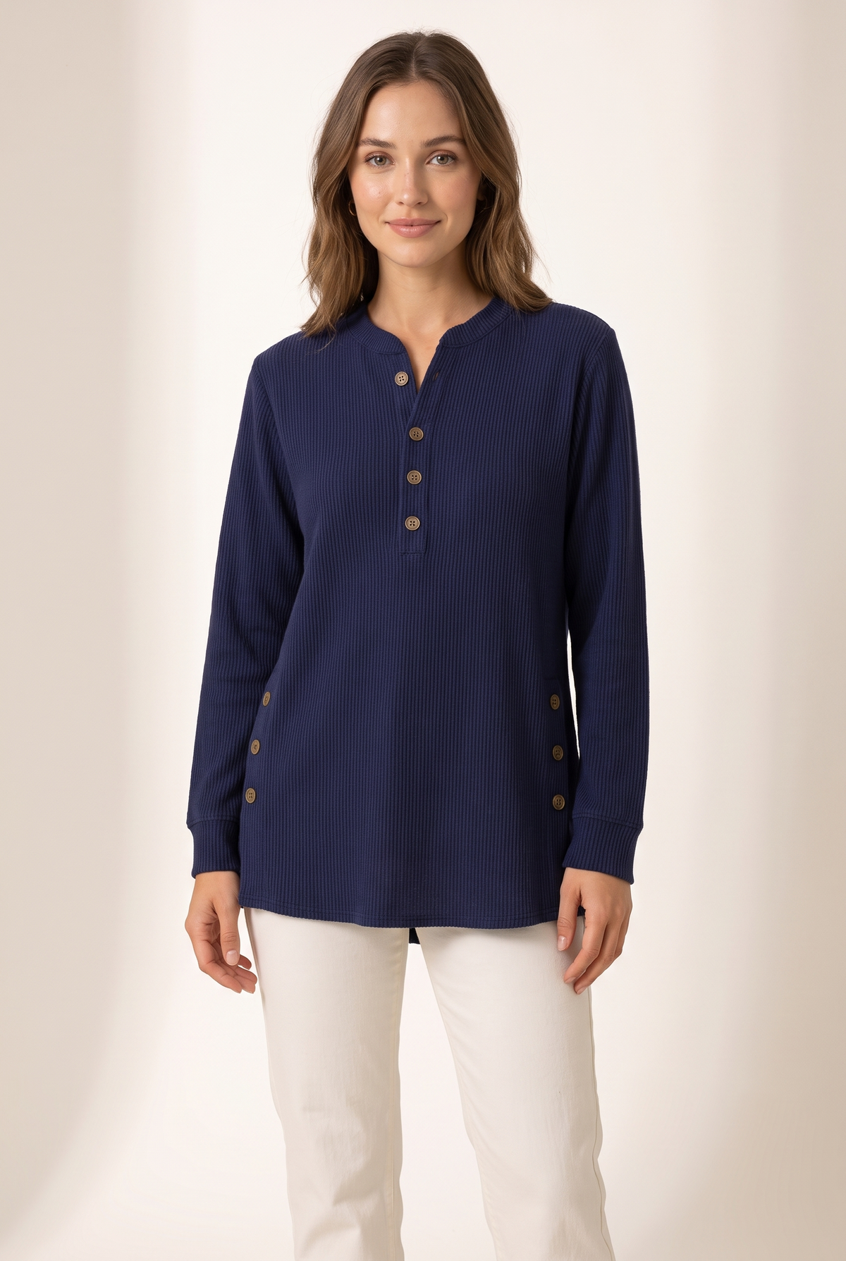 Josephine Women's Crew Neck Button Details Ribbed Knit Texture Sweater in Dark Blue, on model