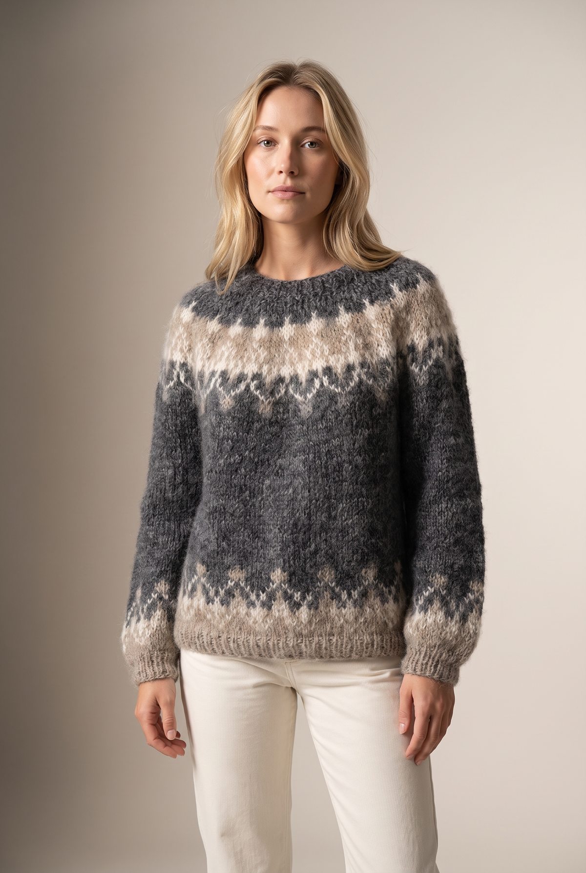 Naomi Women's Fair Isle Knit Statement Pattern Sweater in Dark Gray, on model