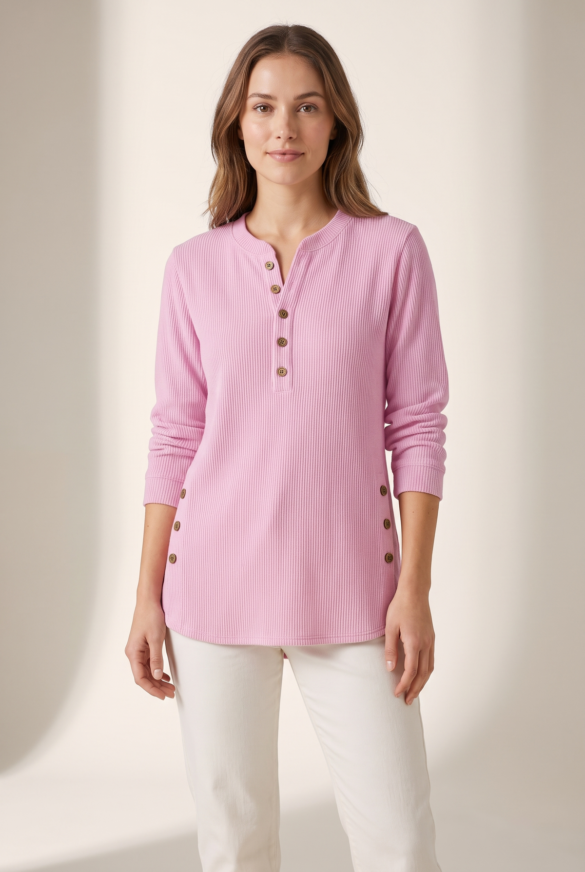 Josephine Women's Crew Neck Button Details Ribbed Knit Texture Sweater in Pink, on model