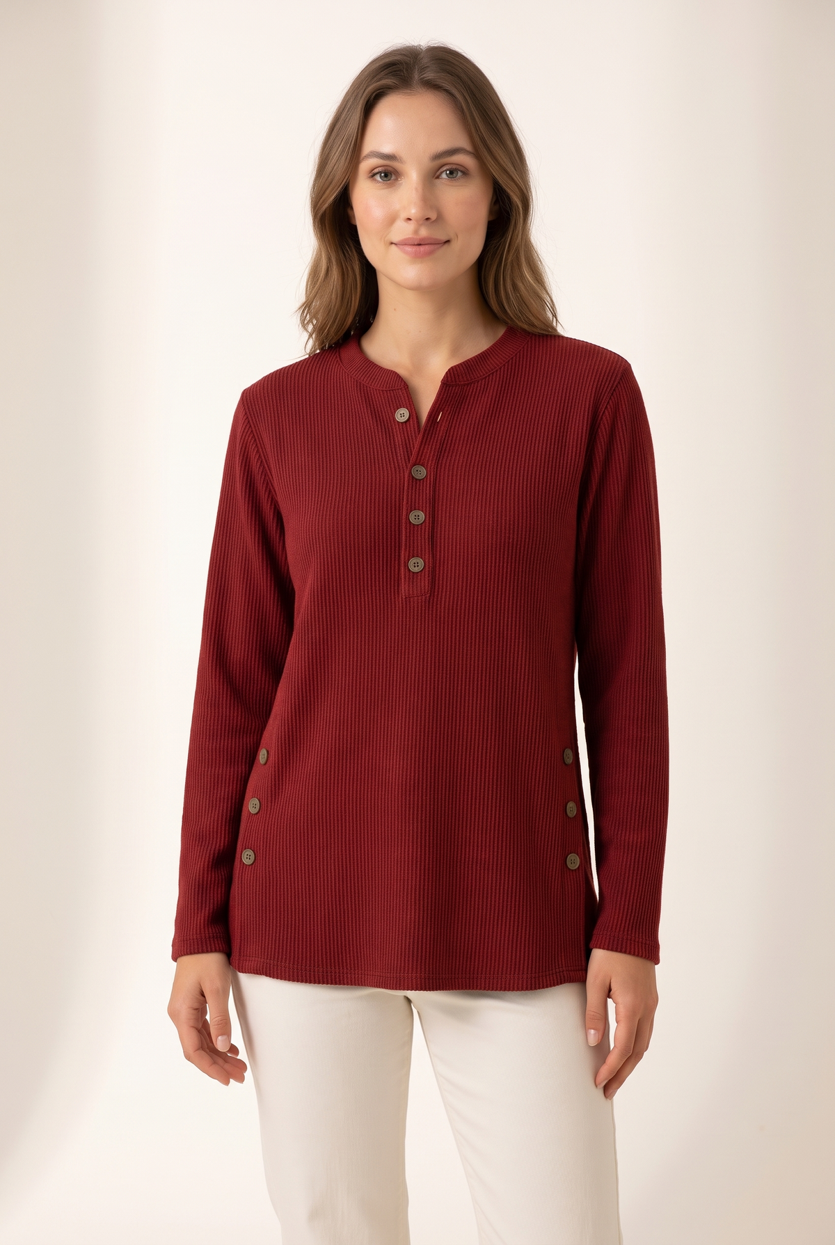 Josephine Women's Crew Neck Button Details Ribbed Knit Texture Sweater in Red, on model