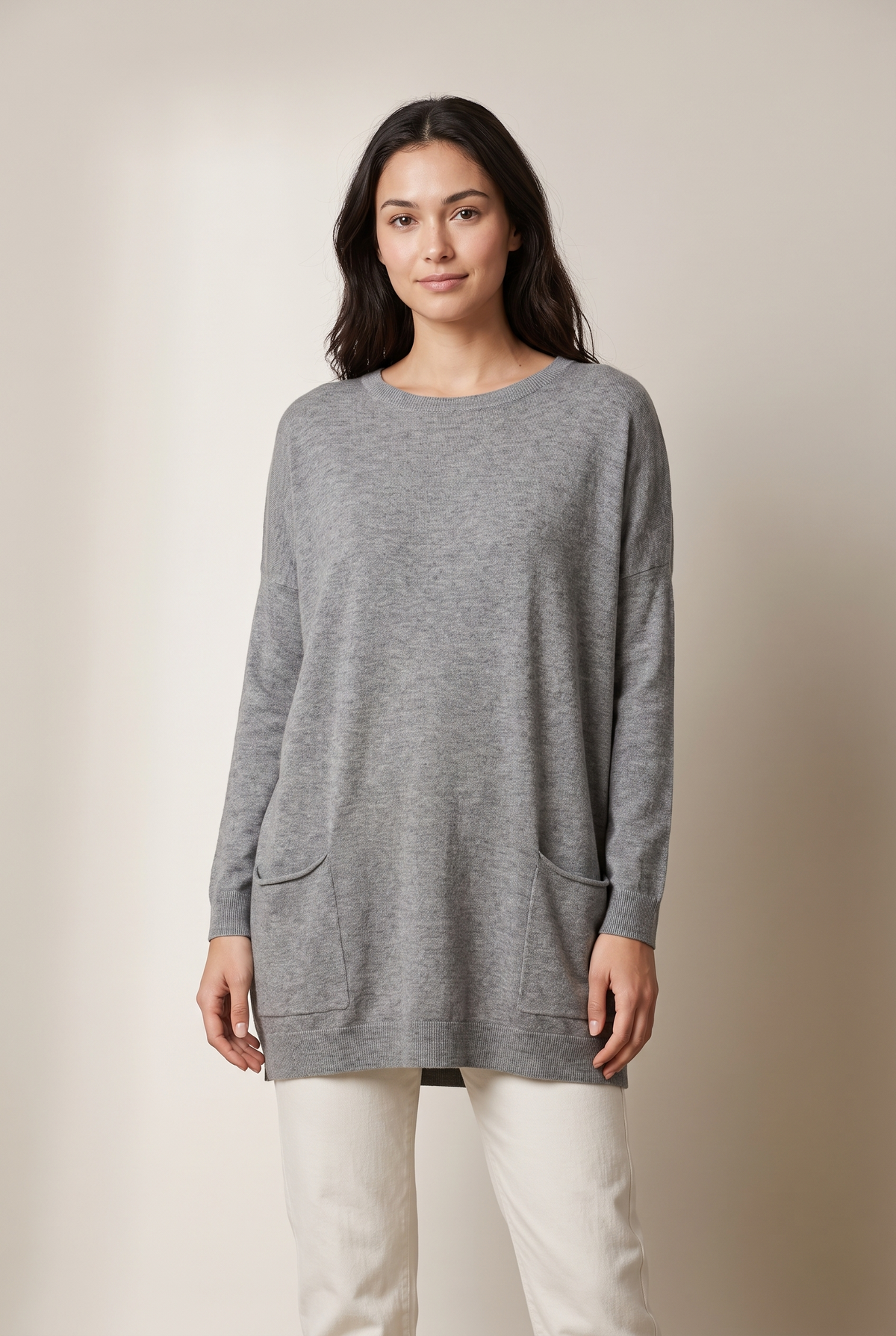 Katherine Women's Pockets Tunic Length Sweater in Gray, on model