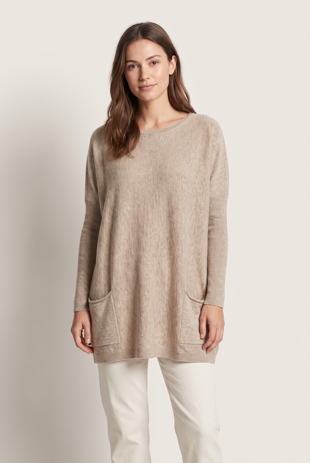 Katherine Women's Pockets Tunic Length Sweater in Beige, on model