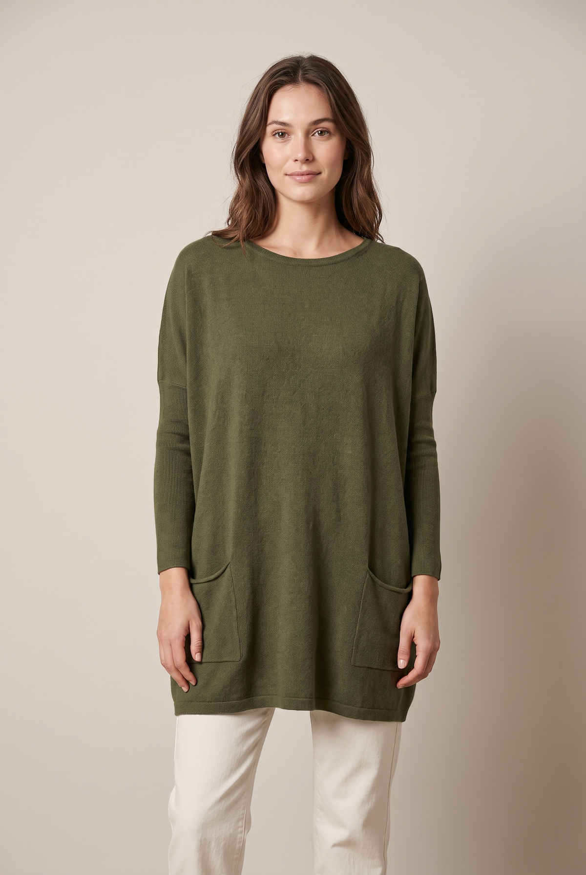 Katherine Women's Pockets Tunic Length Sweater in Olive Green, on model
