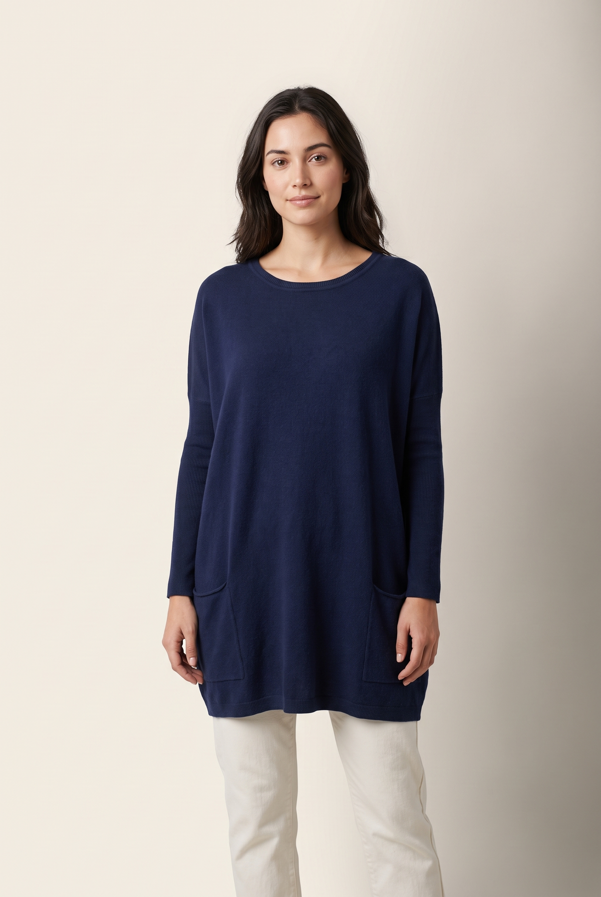Katherine Women's Pockets Tunic Length Sweater in Navy Blue, on model