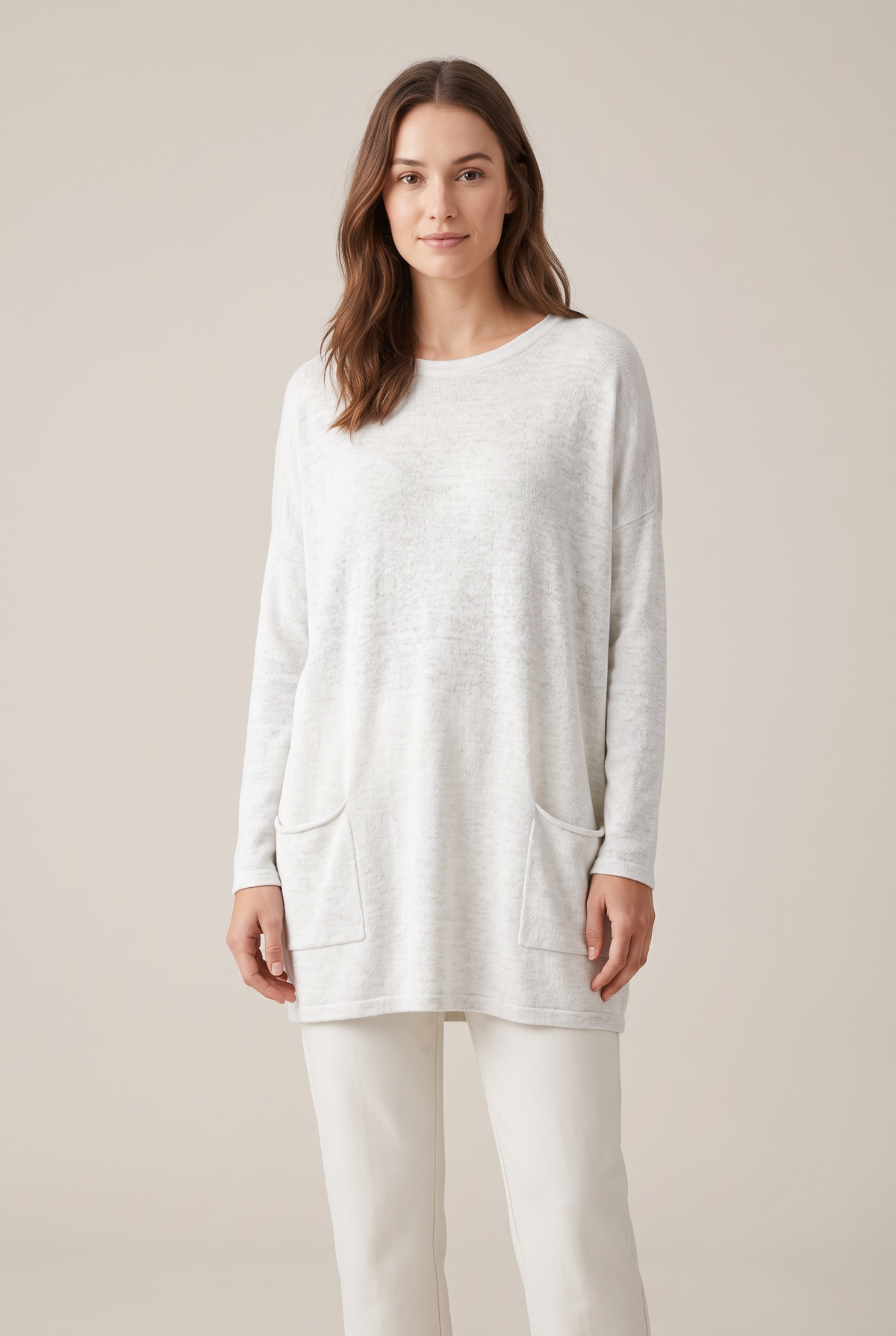 Katherine Women's Pockets Tunic Length Sweater in White, on model