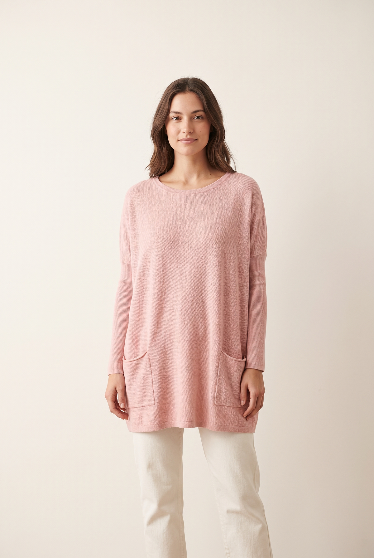 Katherine Women's Pockets Tunic Length Sweater in Pink, on model