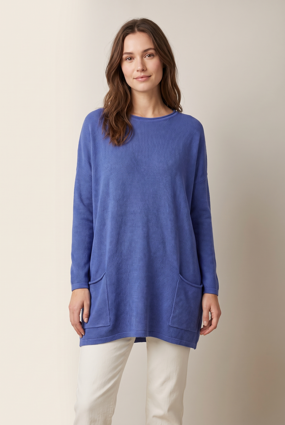 Katherine Women's Pockets Tunic Length Sweater in Blue, on model