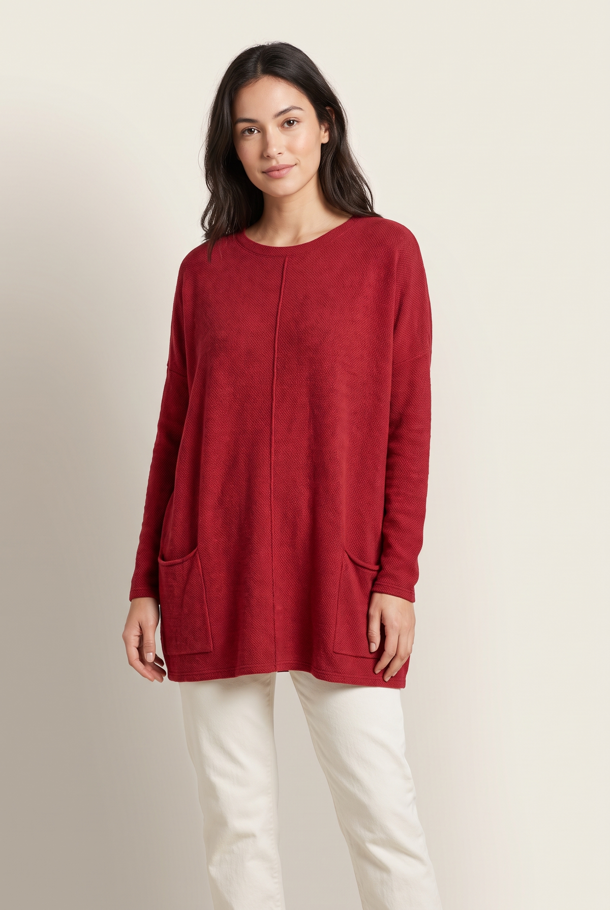 Katherine Women's Pockets Tunic Length Sweater in Red, on model
