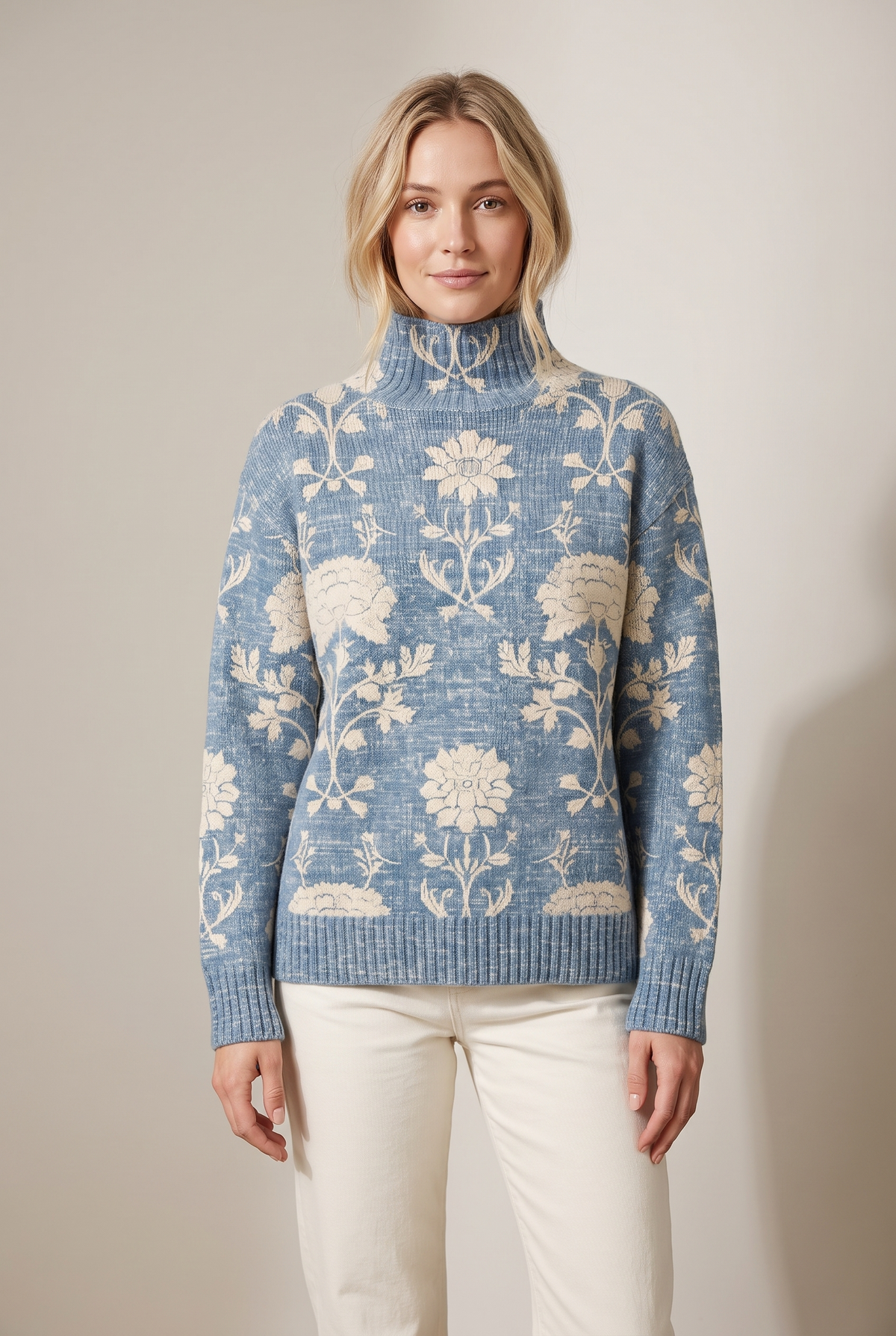 Elena Women's Turtleneck Design Ribbed Cuffs Hem Sweater in Light Blue, on model
