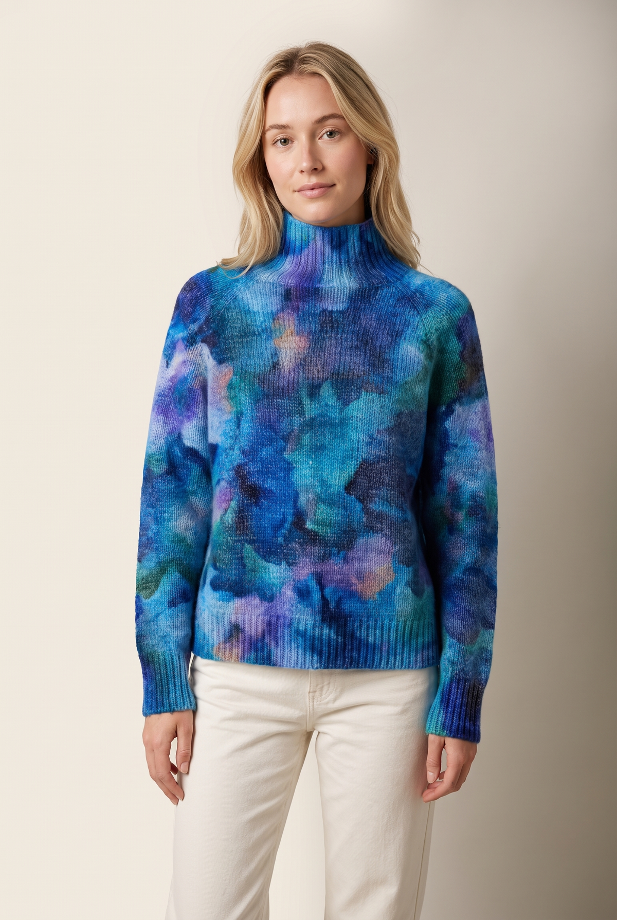Elena Women's Turtleneck Design Ribbed Cuffs Hem Sweater in Blue, on model