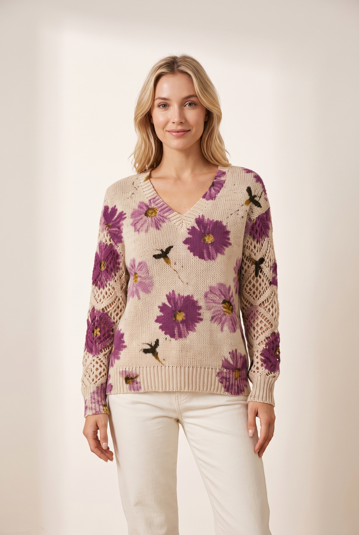 Jenny Women's Cozy Knit with Relaxed Fit and Soft Texture Sweater in Purple, on model
