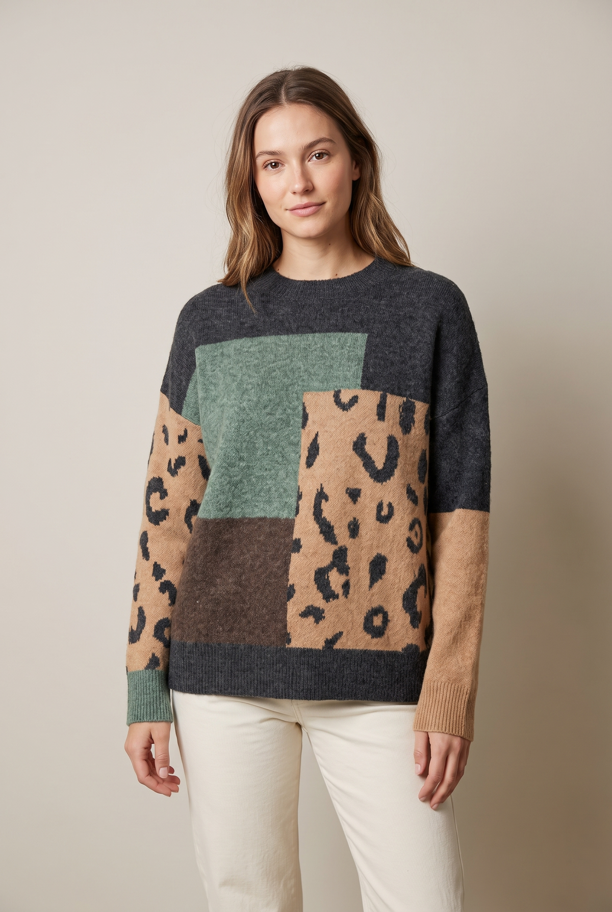 Rachel Women's Cozy Knit with Relaxed Fit and Soft Texture Sweater in Gray, on model